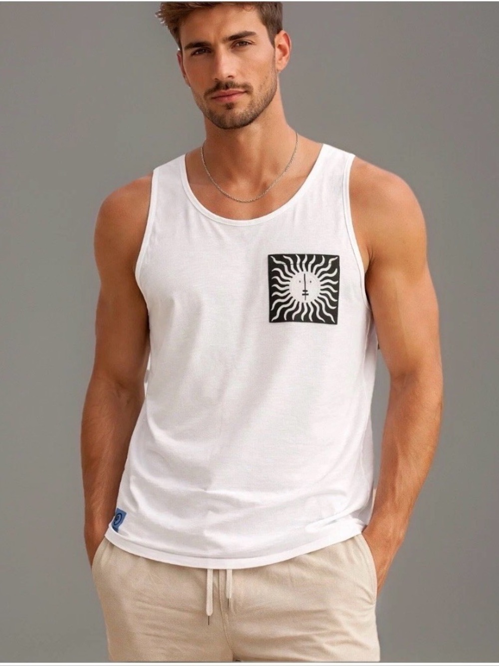 NWT PHILOS Men's White Graphic Pocket Tank Top with Sun Motif